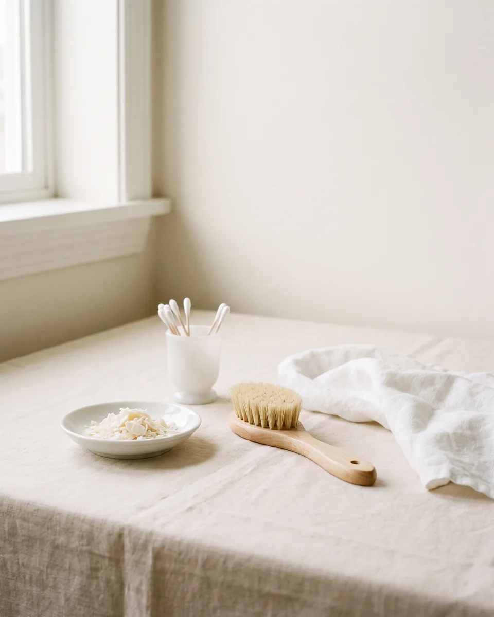 A dish of soap flakes, a soft wooden brush, cotton swabs in a milk-glass cup and a folded linen towel on a table by a window