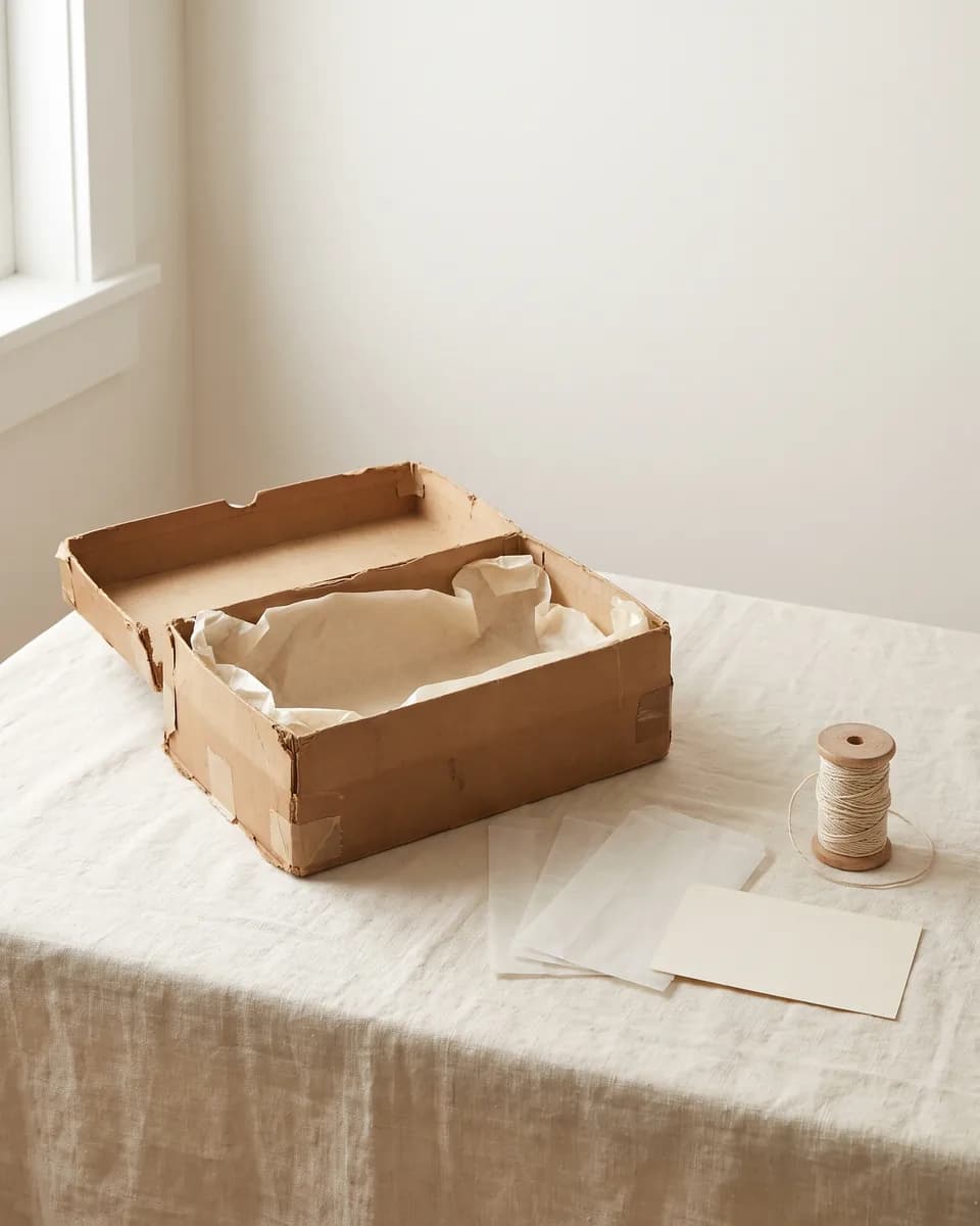 An open, worn cardboard box lined with tissue on a linen table, with empty glassine bags, a spool of twine and a blank card beside it